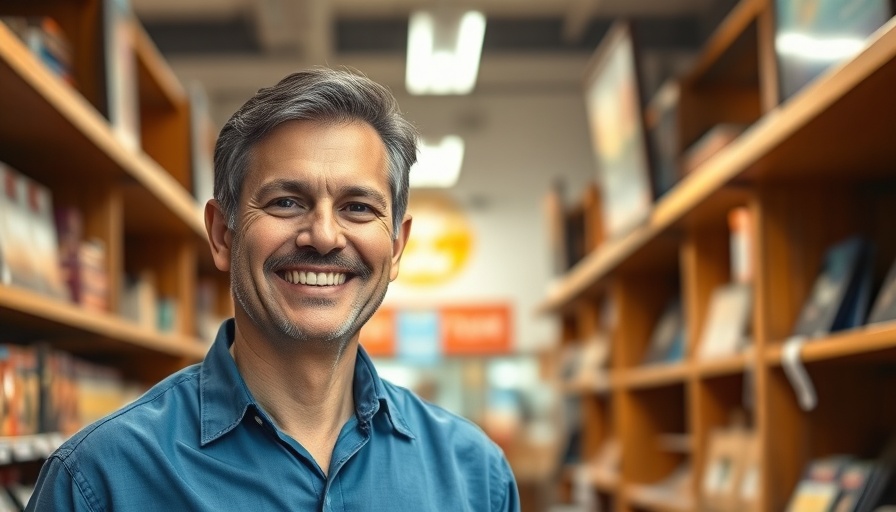 Friendly man in blue shirt, Bobcat dealer ad background.