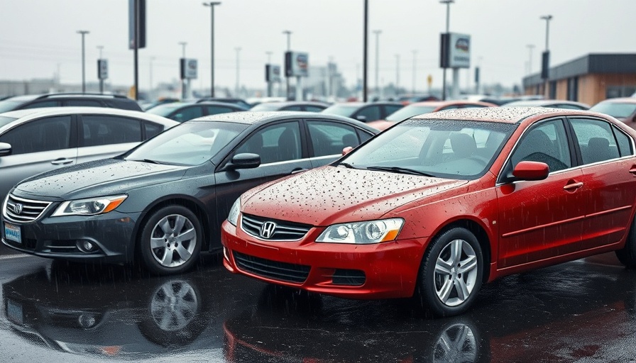 Line of used cars in rainy dealership parking lot.