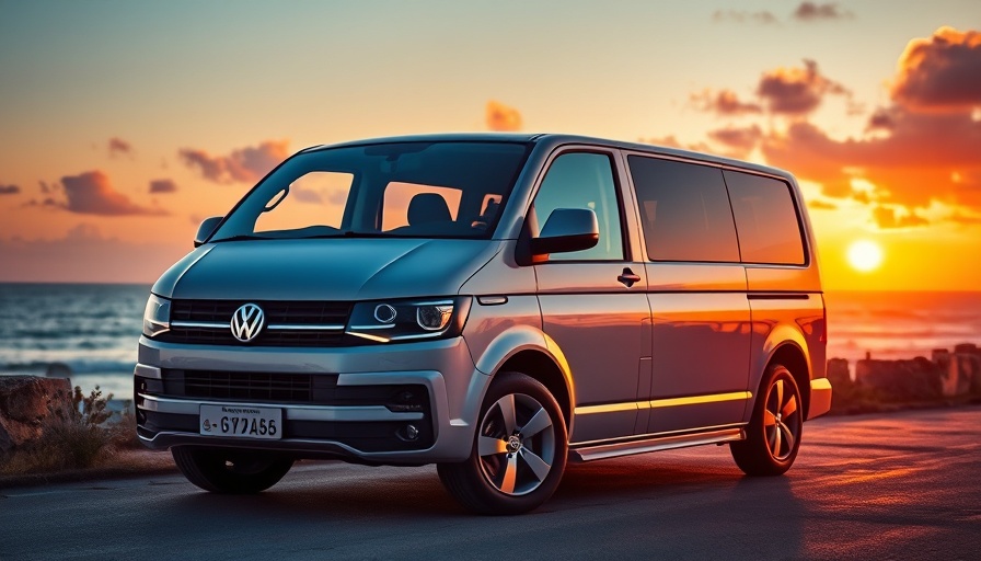 Volkswagen van by the coast at sunset, serene scenic view.
