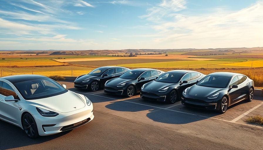 Tesla cars aligned in a picturesque landscape, highlighting Smart Summon feature.