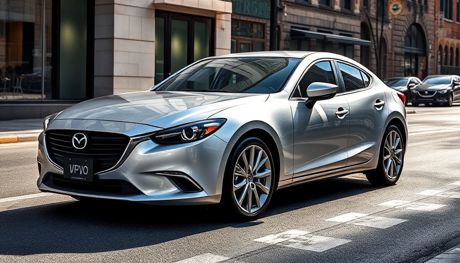 Sleek silver Mazda car with city reflections, urban setting