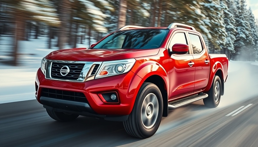 Dynamic red Nissan Frontier review driving in forest with motion blur.