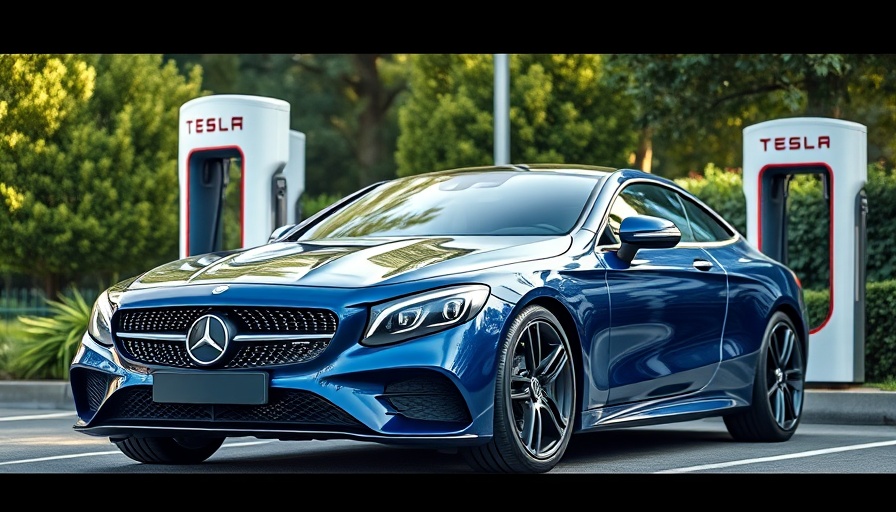 Mercedes-Benz at Tesla Supercharger station, blending classic car luxury with modern technology.