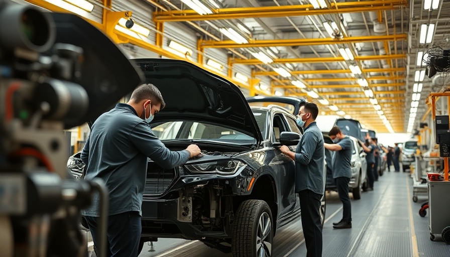Auto suppliers production line with workers assembling vehicles.