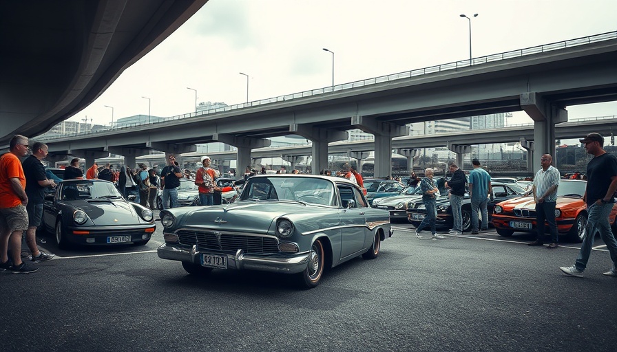 Daikoku car meet with enthusiasts under highway overpasses.