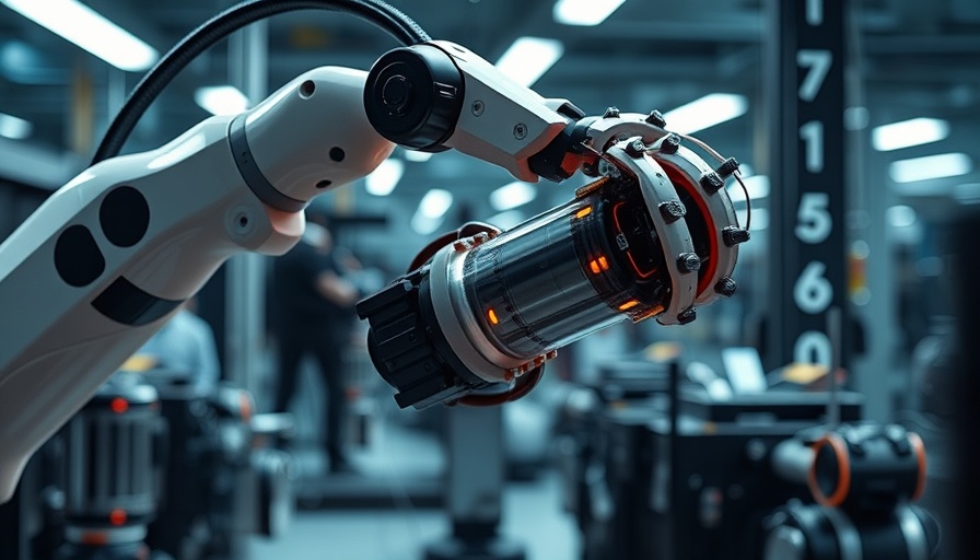 Robotic arm assembling batteries in modern factory, Battery Industry