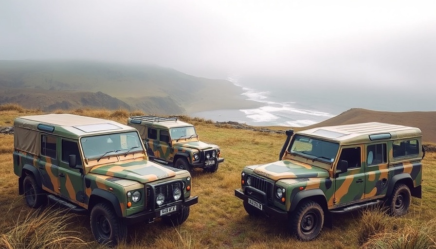 Faraday Future vehicles in camouflaged wrap near the coast.