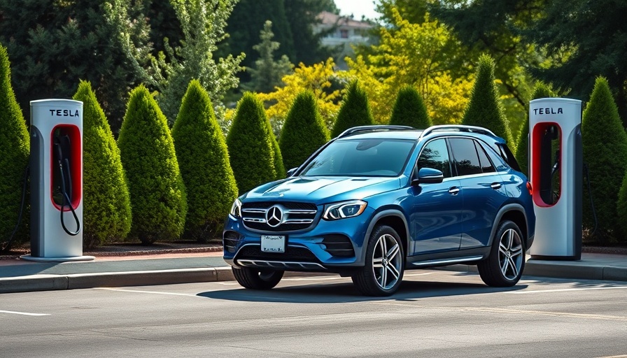 Blue Mercedes SUV at Tesla EV supercharger with greenery background.