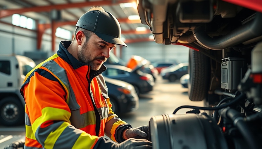 Cox Automotive mechanic inspecting truck engine at sunrise
