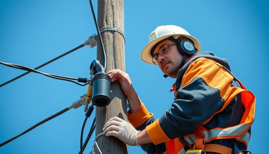 Technician installing power line monitoring equipment on a pole.