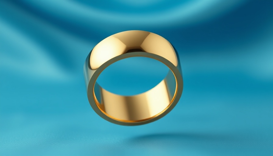 Sleek gold smart ring on blue fabric backdrop.