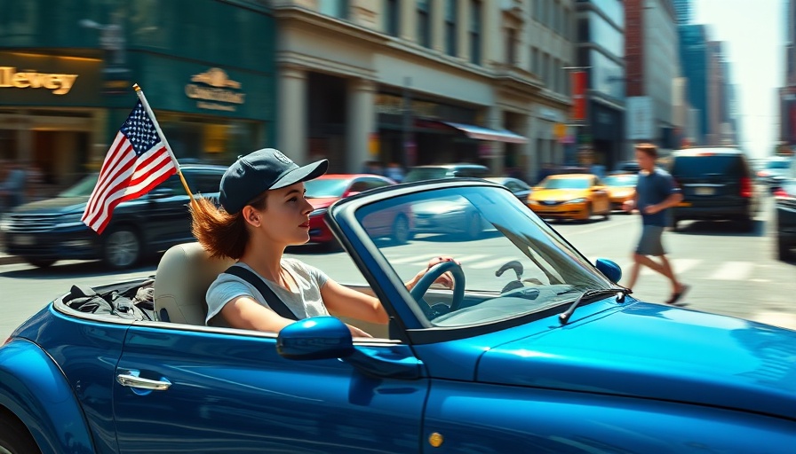 Microlino car driven by woman in city with American flag