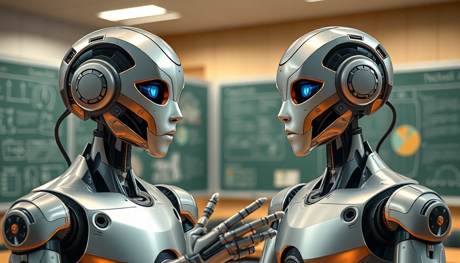 Robots in classroom discussing AI funding and concepts.