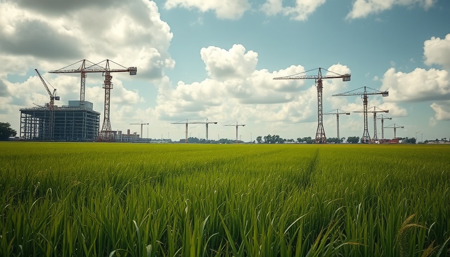 Green steel structure in a lush field under cloudy sky