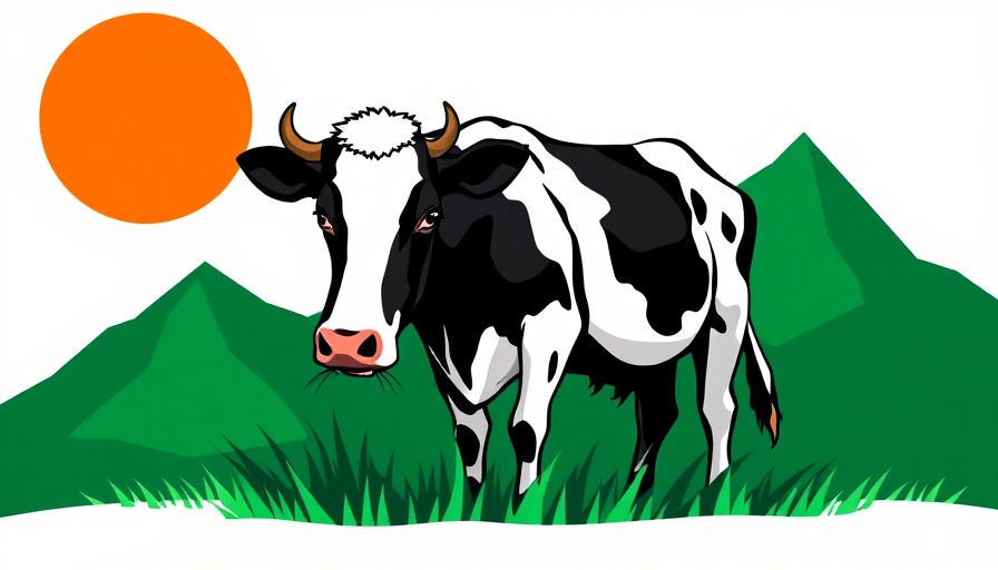 Stylized cow in graphic illustration related to climate technology.
