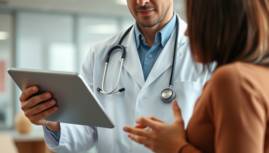 Doctor with tablet discussing biotech innovation with patient.