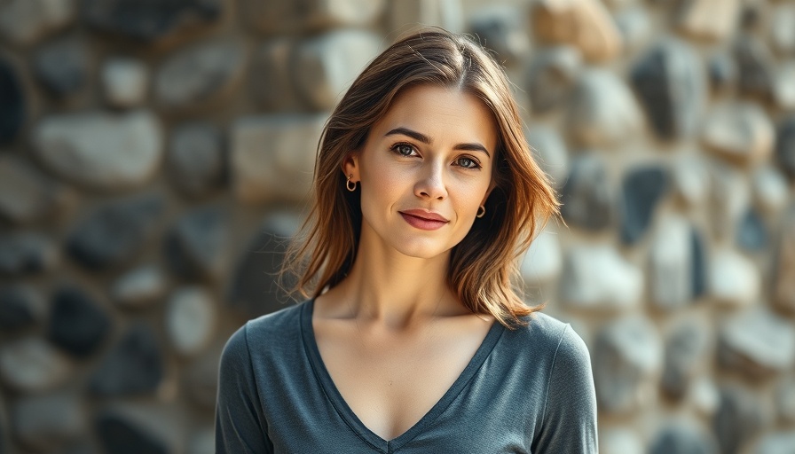 Strong woman outdoors, serene expression, natural setting.