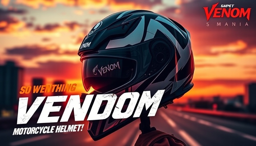 AIMExpo 2025 Venom helmet ad with sunset cityscape background.