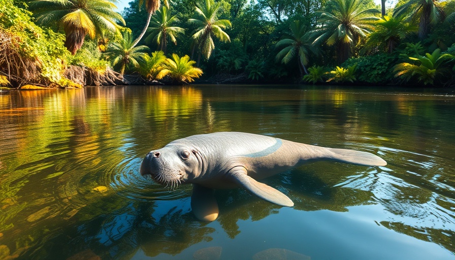 Manatee migration in clear river under sunlight.