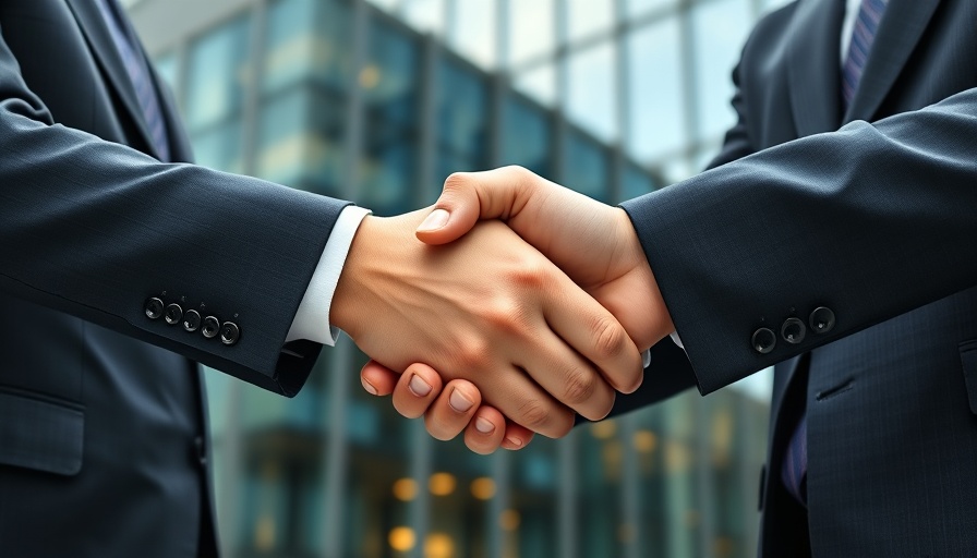 Business executives shaking hands in corporate setting; automotive advisory board.