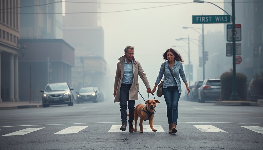 Wildfire evacuation scene of a couple and dog crossing road.