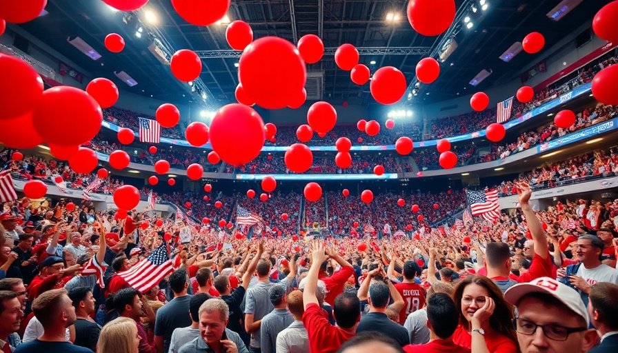 Colorful arena celebration with balloons and flags