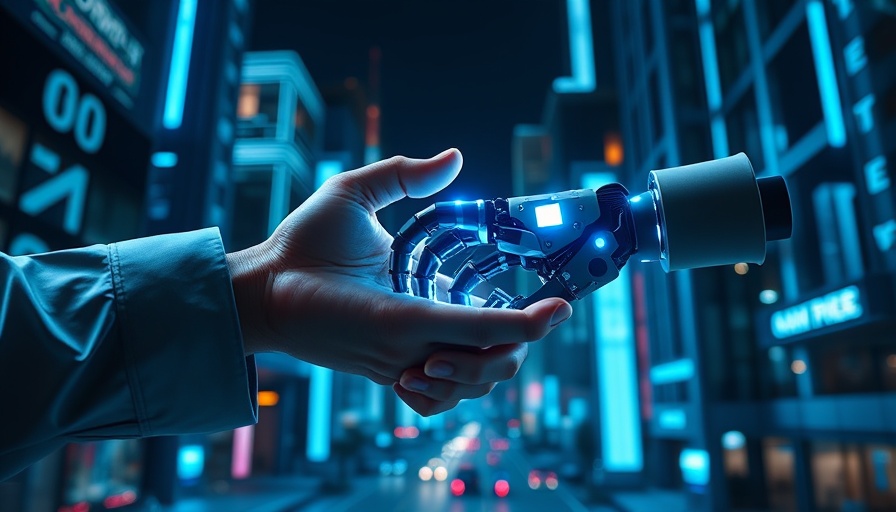 Futuristic handshake symbolizing AI in HR with vibrant cityscape.
