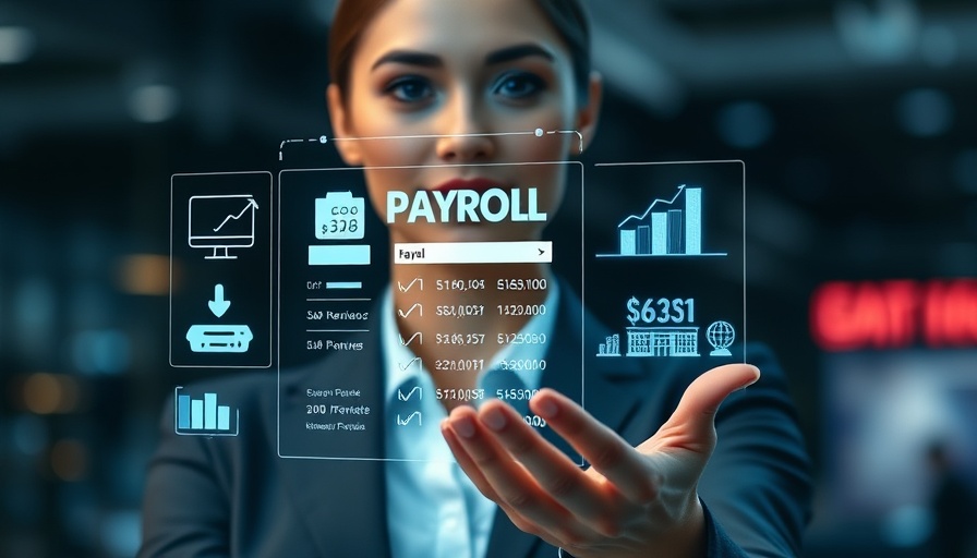 Businesswoman holding digital payroll compliance interface.