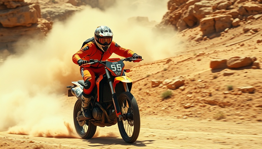 Dakar Rally motorcyclist riding in rocky desert terrain.