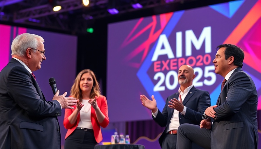 Speakers at AIMExpo 2025 discussing on stage with vibrant backdrop.