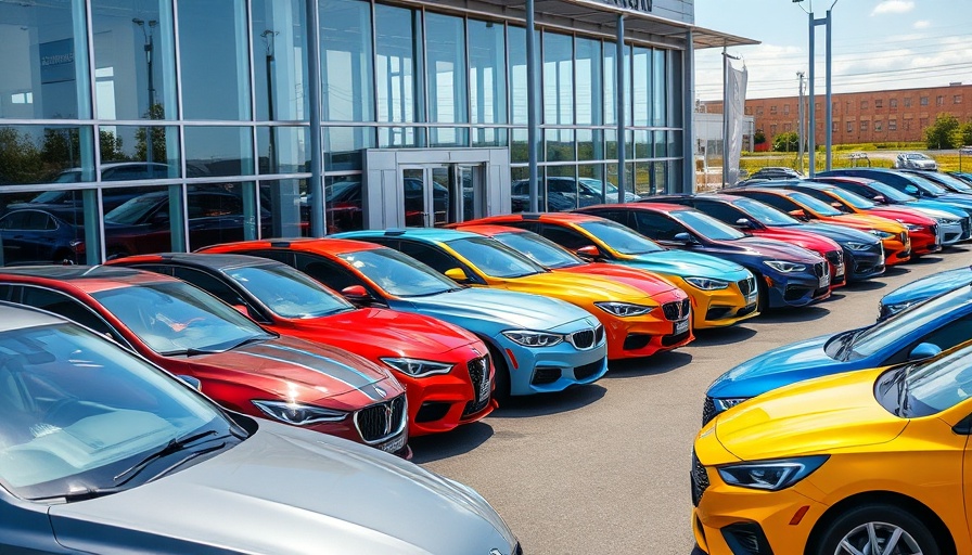 Car dealership lot emphasizing auto finance securitization, various new cars lined up.