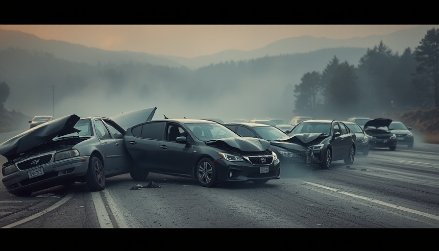 Damaged cars on smoky road, California wildfires insurance.