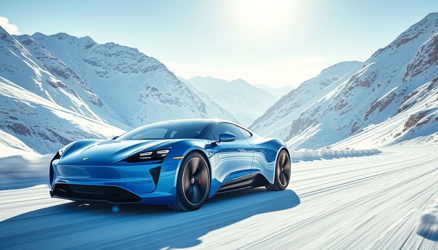 Tesla Model Y 2025 in snowy mountain landscape, reflecting sunlight.