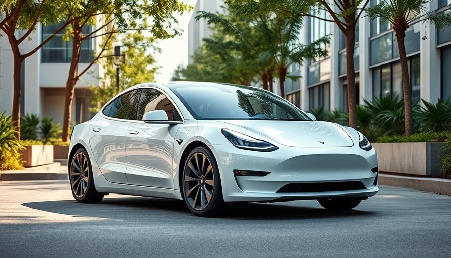 Sleek white Tesla Model Y parked in urban setting with greenery.