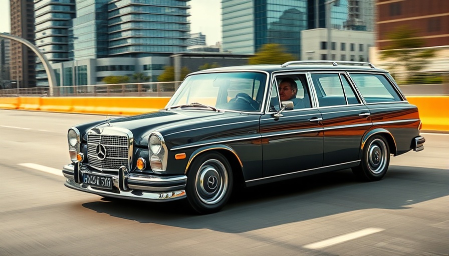 Luxury car customization on a classic Mercedes-Benz wagon, speeding on highway