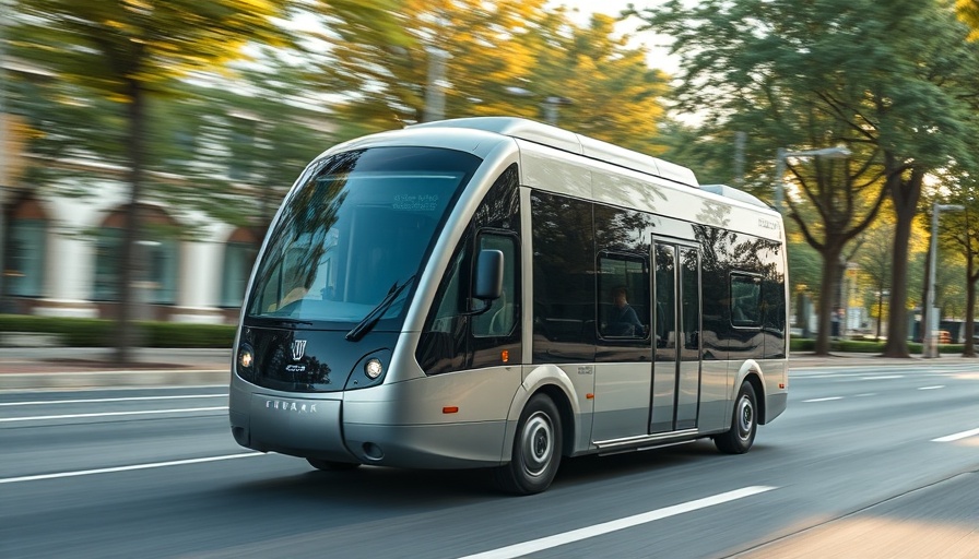 Sleek autonomous shuttle driving on a tree-lined urban road.