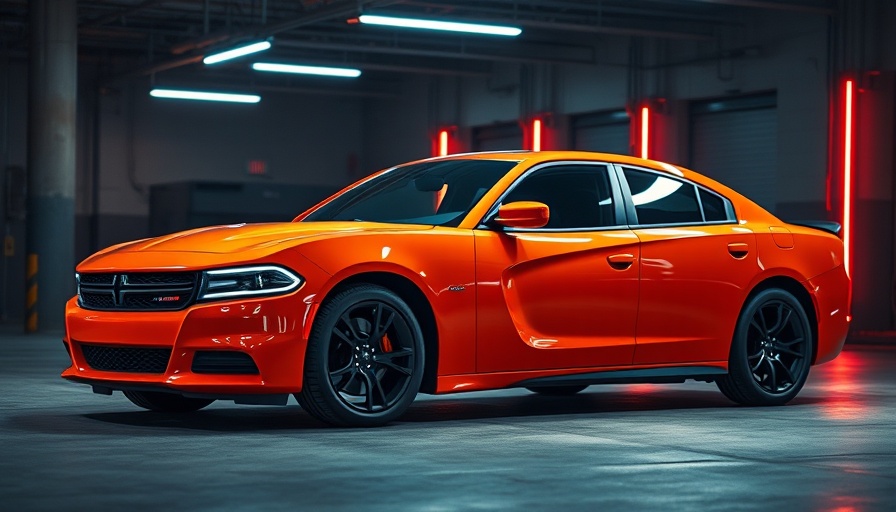 Glossy orange Dodge Charger EV in a dimly lit garage.