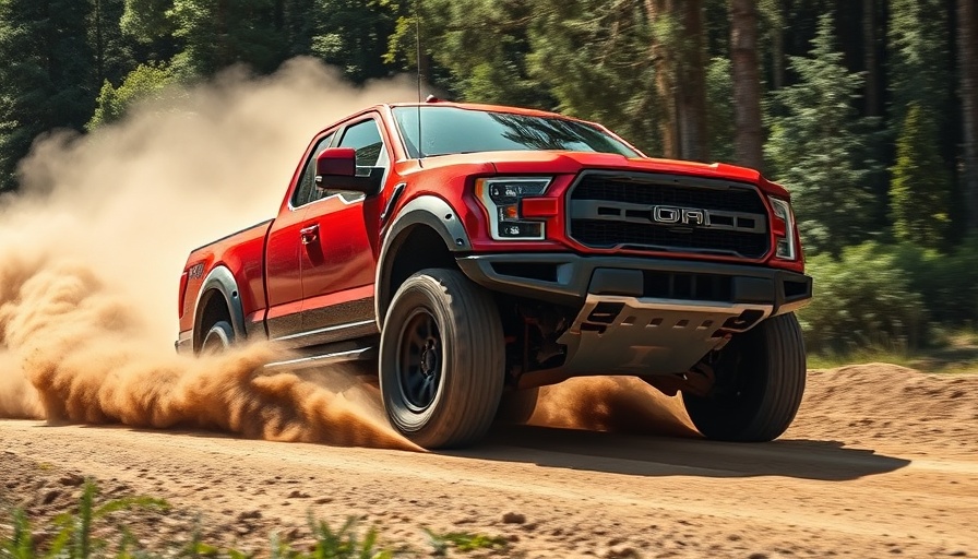 Red pickup truck with Hemi engine off-roading with dust trail.