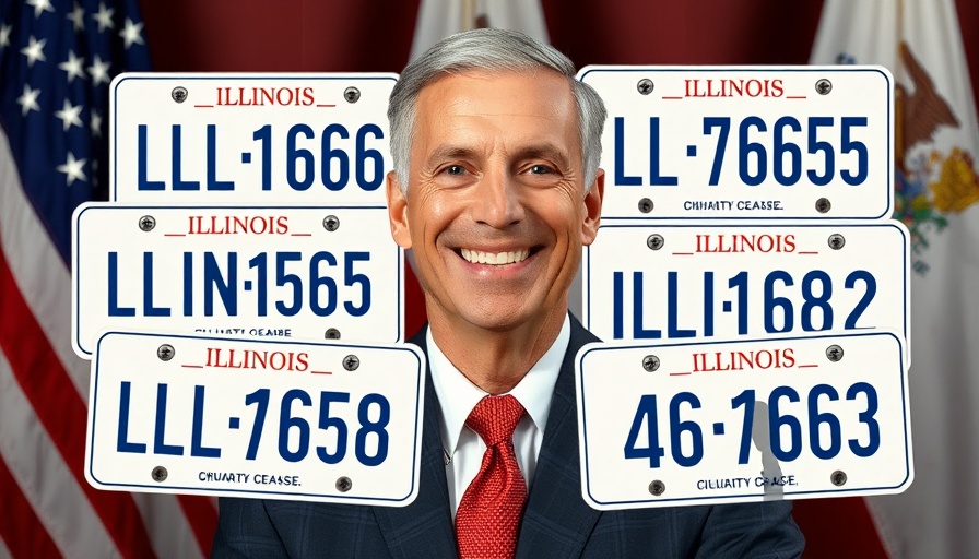 Official with humored Illinois custom plates, patriotic backdrop