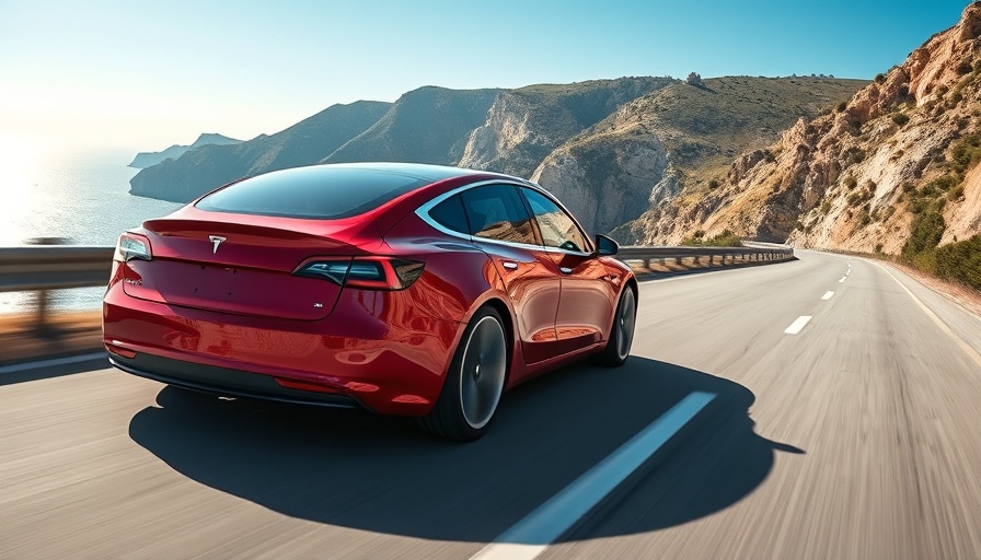Red Tesla Model 3 on coastal highway, focus on Tesla recall
