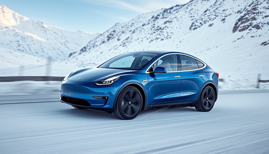 Blue Tesla Model Y driving on a snowy mountain road