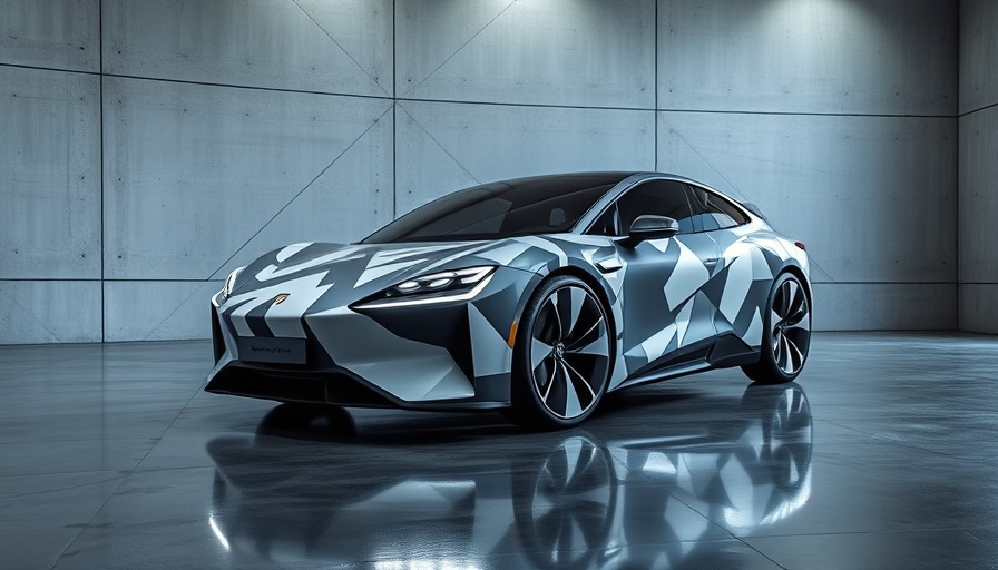 Camouflaged Faraday Future EV in modern garage, futuristic design