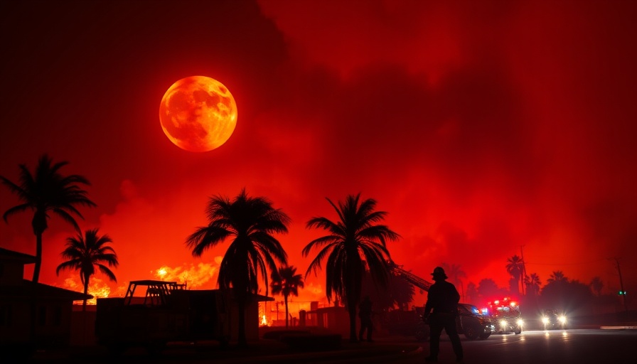 Firefighters battling LA wildfires at night, dramatic scene.