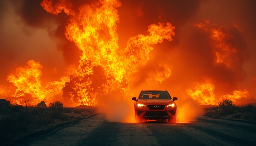 Los Angeles wildfires coverage: blazing landscape and speeding car.