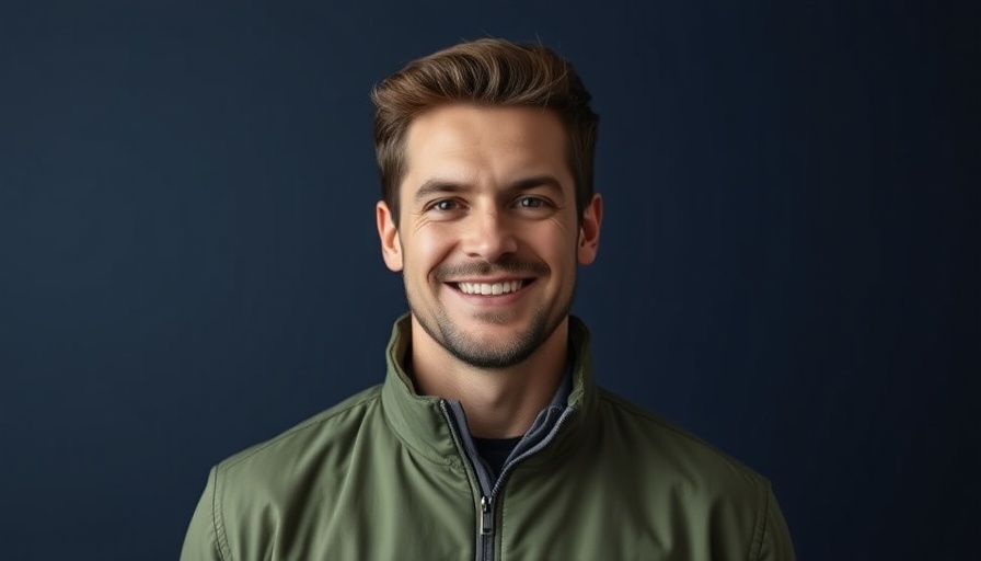 Smiling man against dark blue background, Product-Led Growth concept.