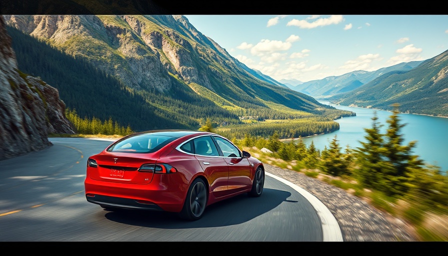 Red Tesla driving on a scenic mountain road amid recall news.