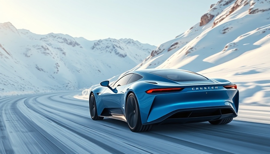 Tesla Model Y Juniper driving in snowy mountains, photorealistic view.