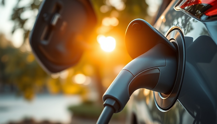 EV charging plug in car, sunlight filtering through leaves.