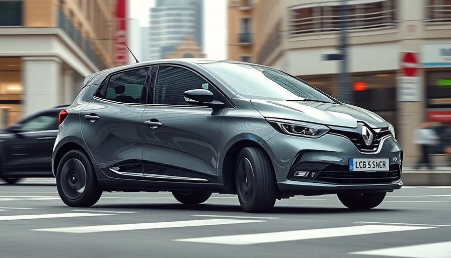Renault 5 E-Tech Electric in dynamic cityscape.