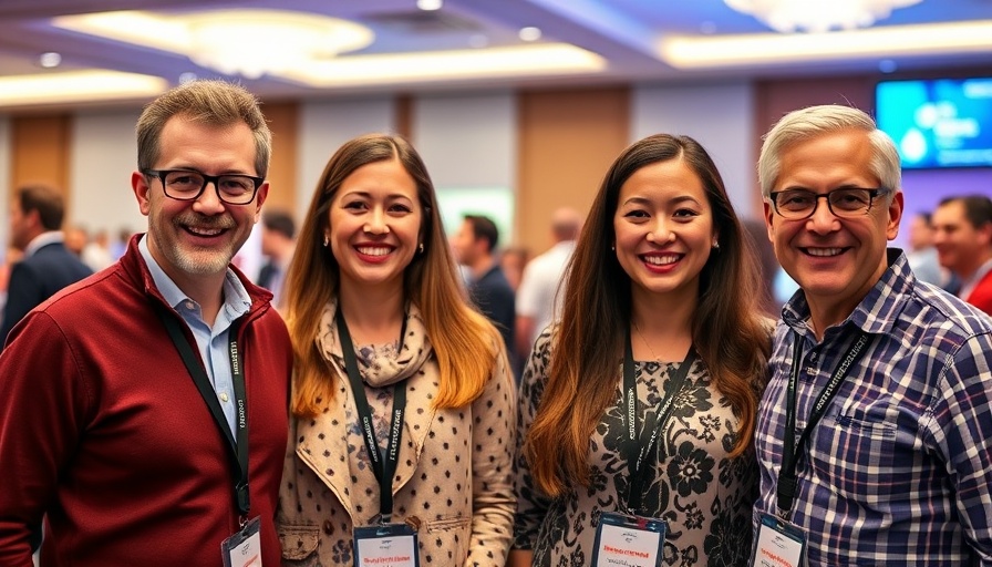 Dealer education conference attendees smiling together.